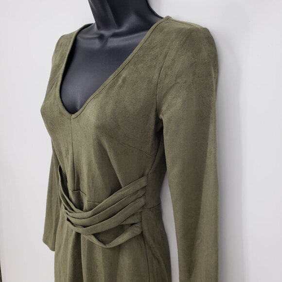 3/$25 Windsor Faux Suede Mini Sheath Dress S Long Sleeves V Neck Olive Green - Picture 6 of 10